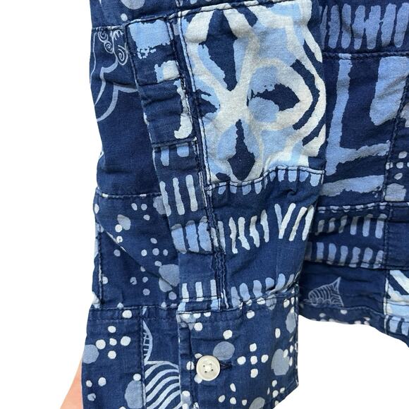 J Crew Mens Indian Madras Patchwork Blue Button Up Shirt Size L Blue Indigo Dyed - Picture 5 of 9